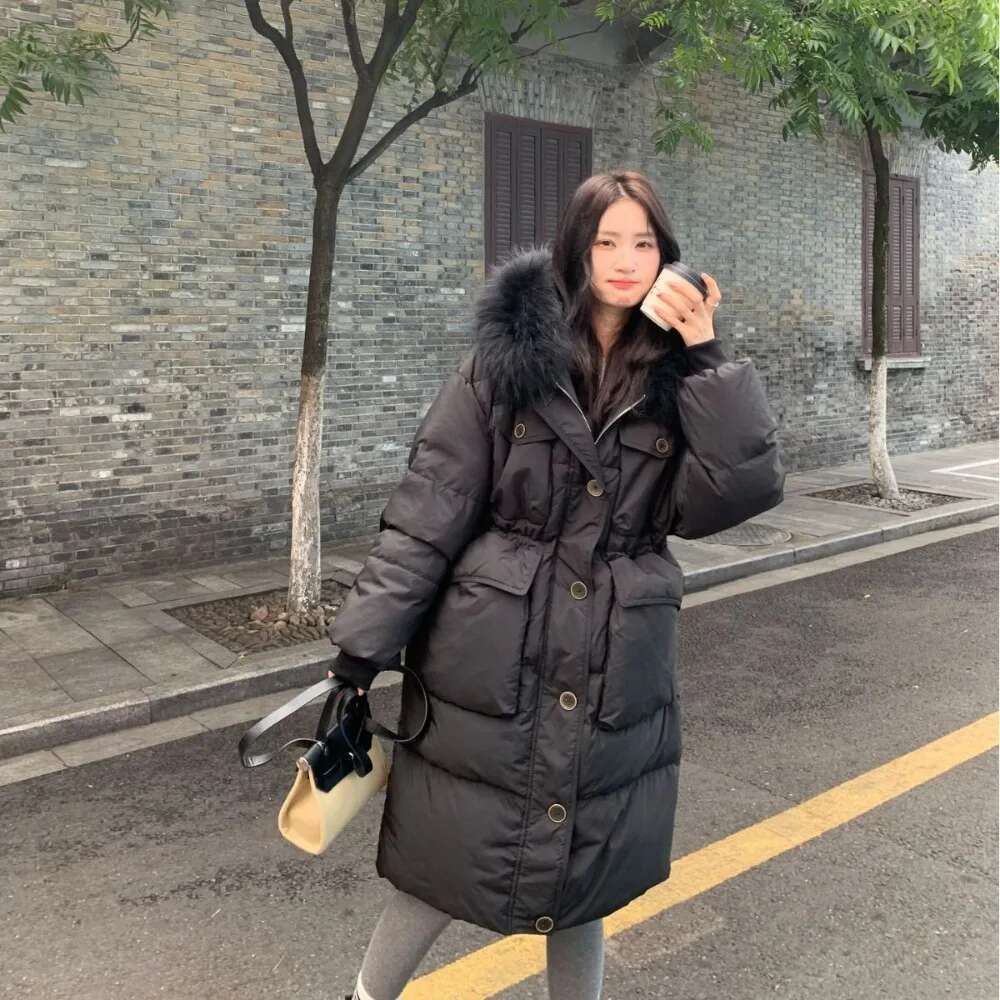 Female Feather Waterproof Winter Long Puffer 2024 Fashion Real Raccoon Fur Hooded White Duck Down Jacket Women