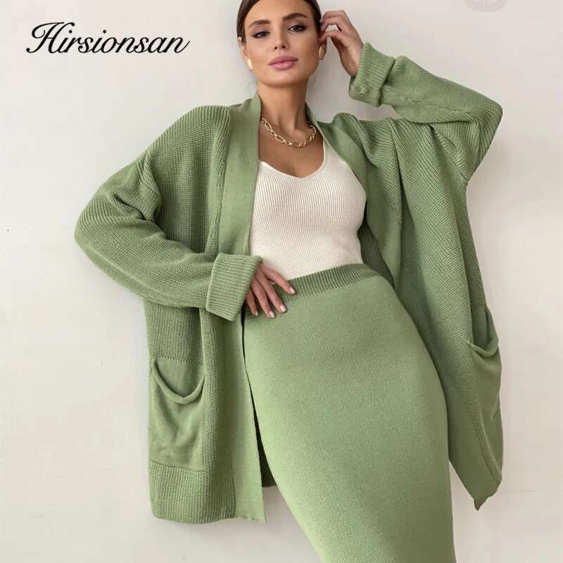 Hirsionsan Soft Vintage Lace Up Women Suits 2 Pieces Female Sets With Belt V Neck Cardigan & Midi Dress Ladies Knitted Tracuit