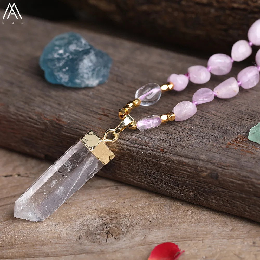 Natural white quartz free-form point pendant Kunzite crystal irregular chip bead knot Mala handmade necklace jewelry 241018