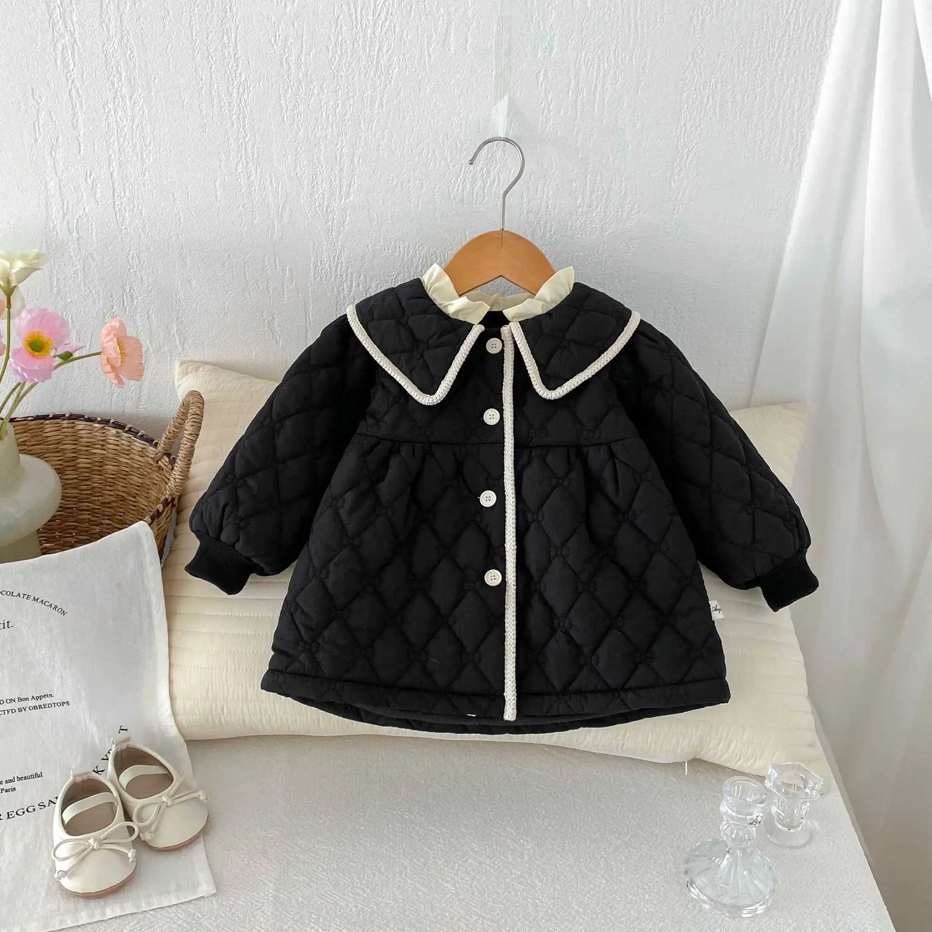 Winter Baby Girls Park Pure Cotton Bedding Solid Swing Door Collar Warm Lace Baby Coat Preschool Girls Jacket M241018