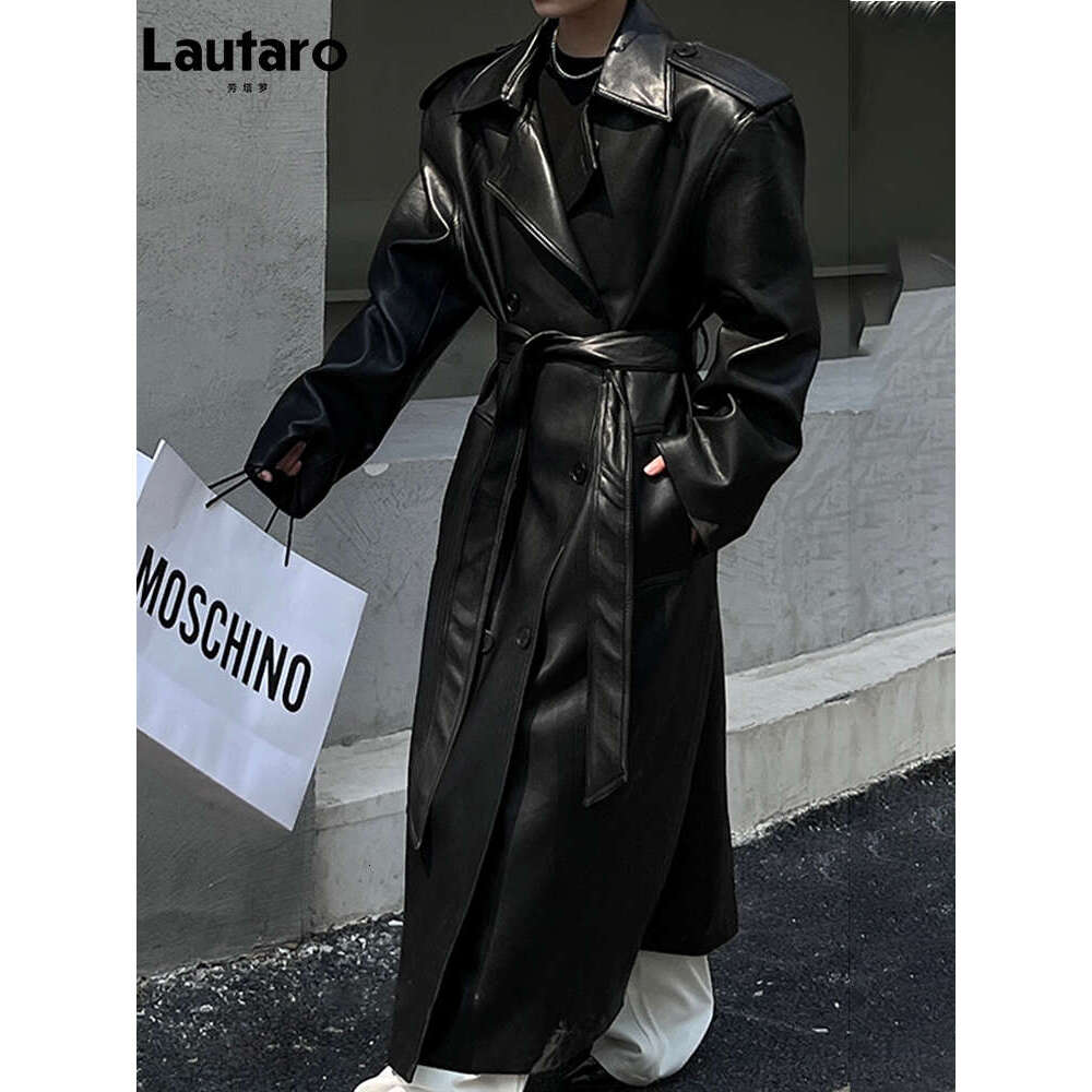 Lautaro Spring Autumn Long Cool Oversized Brown Black Pu Leather Trench Coat For Women European And American Runway Fashion 2023