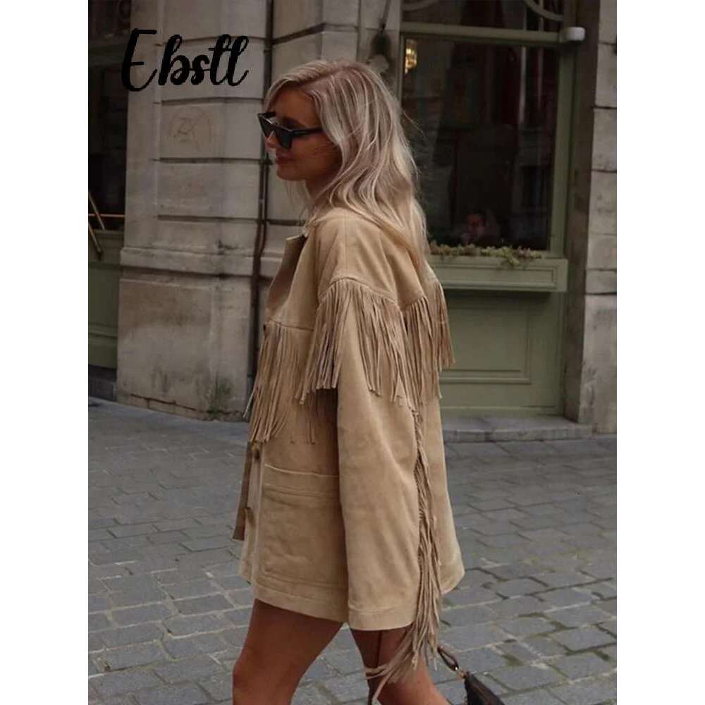 Vintage Faux Suede Tassel Jacket Women Elegant Long Sleeve Single-Breasted Lapel Coats 2024 Autumn New Lady Loose Urban Outwear