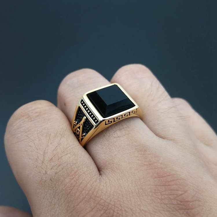 Black Agate Casting Ring High Polished Titanium Steel 18k Gold Plated Jewelry