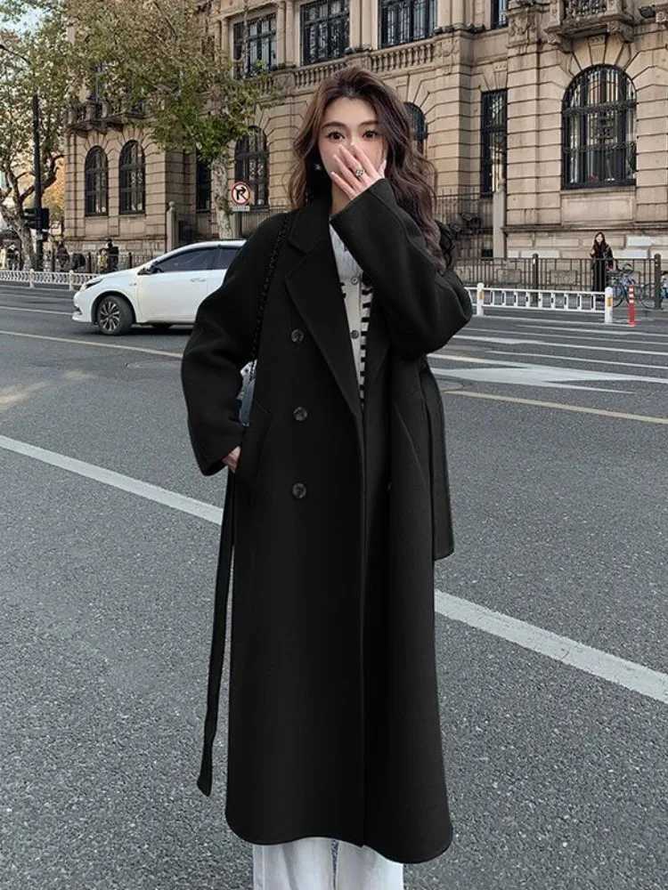 Autumn Winter Loose Woolen Coat for Women Casual Solid Outerwear with Belted Korean Fashion Chic Female Overcoat Clothes NewX241009