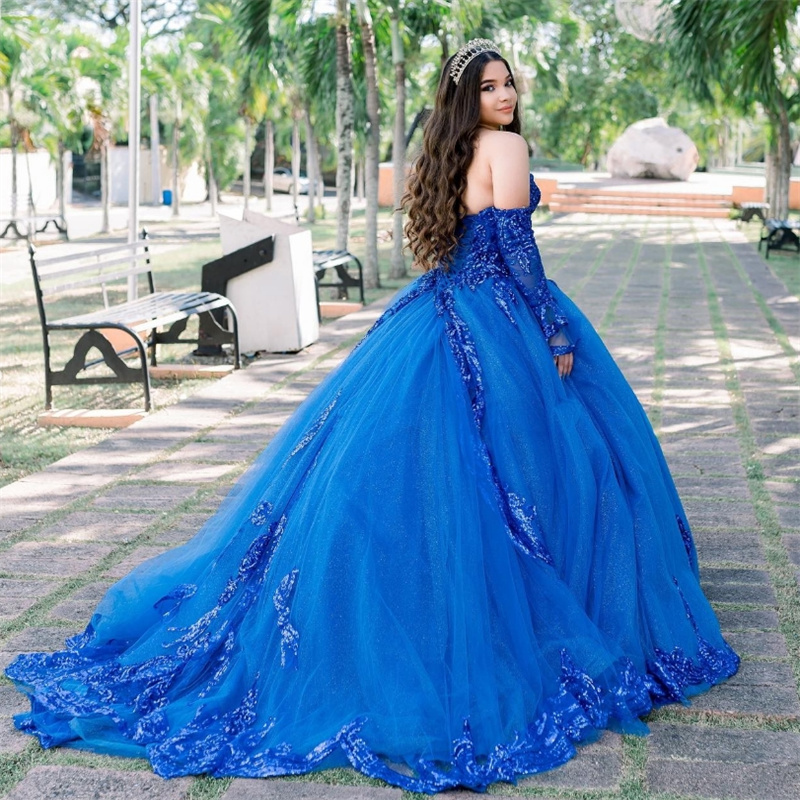 Beautiful Royal Blue Quinceanera Dresses Sparkly Sequin Ball Gown Birthday Dress Vestido De 15 Anos Debutante Charro Long Sleeve Corset Sweet 16 Dress