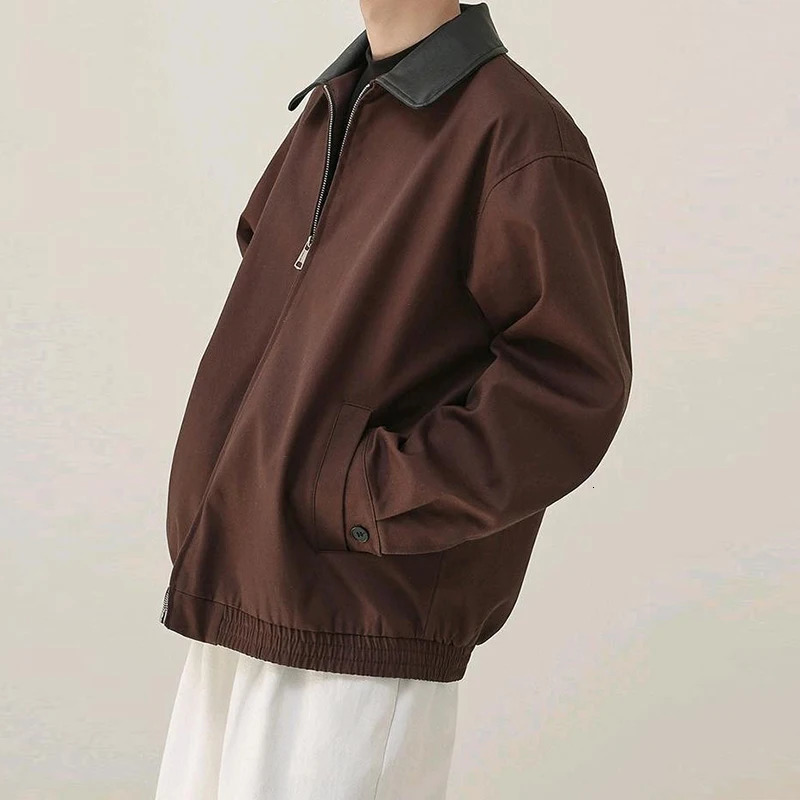 Male Stitching PU Jackets Winter Fashion Solid Color Loose Zipper Outwear Autumn Mens Long Sleeve Leather Motorcycle Coats 241018