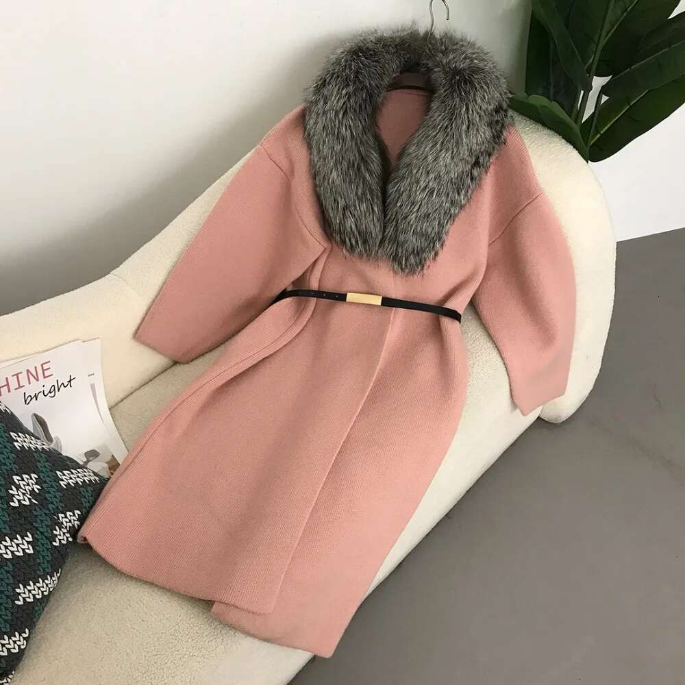 Real New Lazy Fashion Thick Long Fur Collar Cardigan Knitted Women's Natural Fox Skin Loose Coat