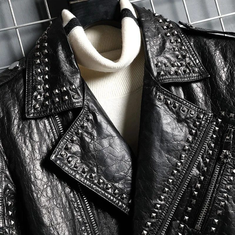 Punk Style Outerwear Rivets Zipper Motorcycle Biker Jacket Men TurnDown Collar Genuine Leather Cowhide Coat Mens Short Jackets 241018
