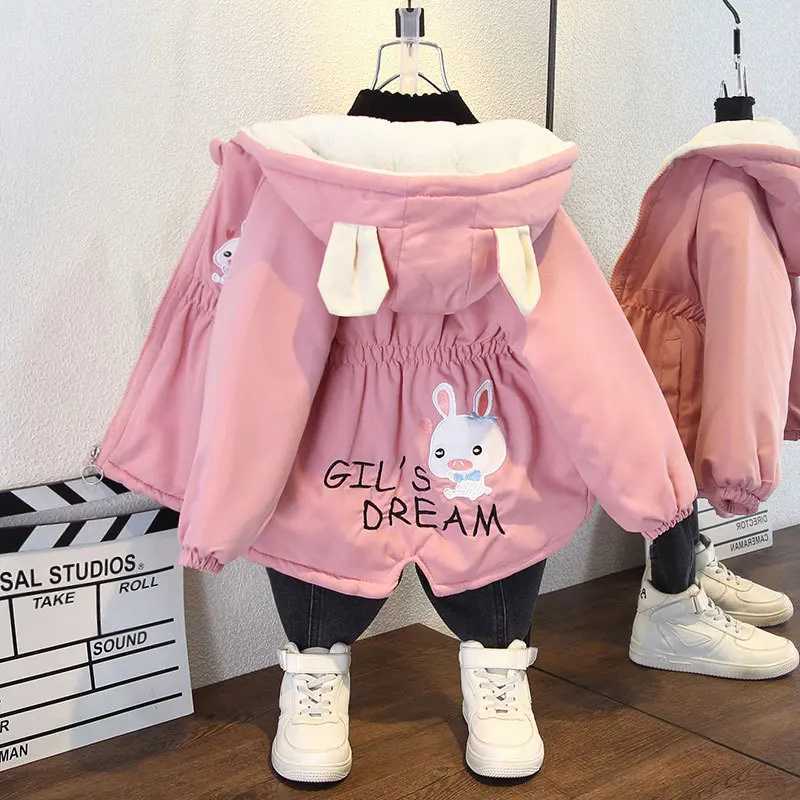 Fashion Girls Jacket with Velvet Autumn Girls Winter Coat Cartoon Rabbit Hooded Windproof Coat Childrens Clothing M241018