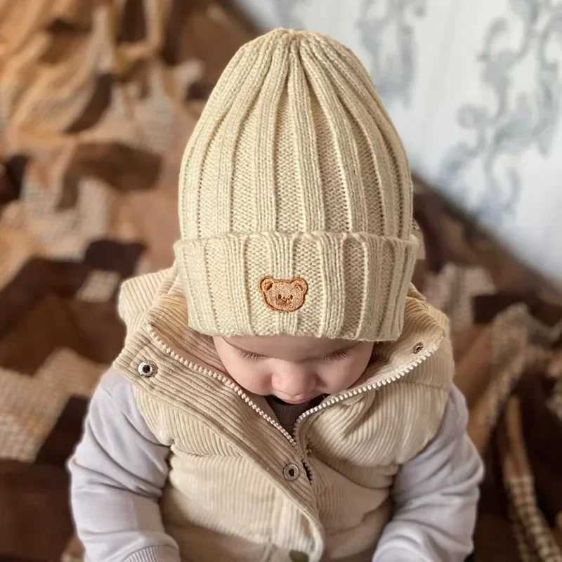 2023 Korea Spring Autumn Kids Boys Hat Candy Color Baby Boys Beanies Knit Hat Baby Girls Bear Head Embroidery Kids Knitted Hat LX241018