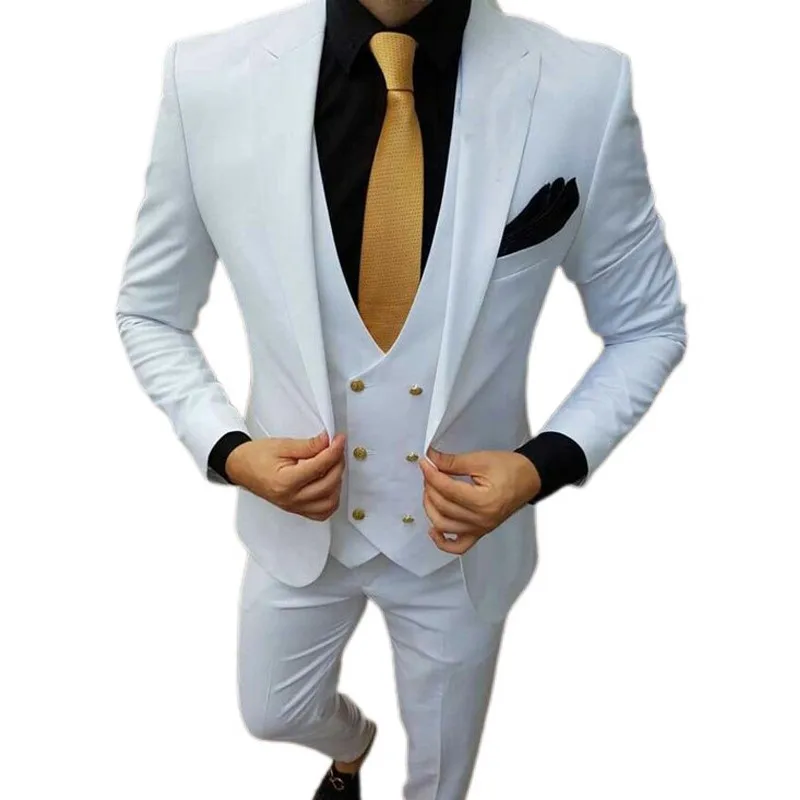 White Wedding Tuxedo Slim Fit Suits for Men 3 Piece Formal Jacket with Double Breasted Waistcoat Pants Male Fashion 2025