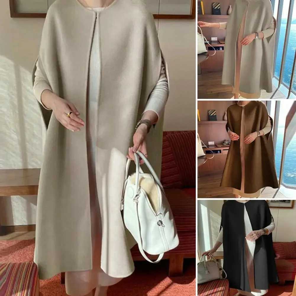 Winter Cape Windproof Woolen Coat Sleeveless Women Winter Mid-calf Length Open Front Woolen Cape Coat Cold ResistantX241009