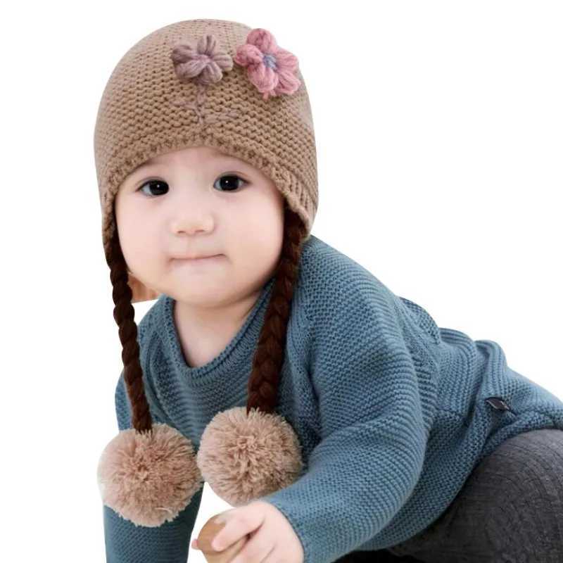 Baby Girl Knitted Braids Hat Flower Pattern Knitting Caps with Ball Winter Warm Baby Beanies 6-24M Kids Hat Child Decoration LX241018
