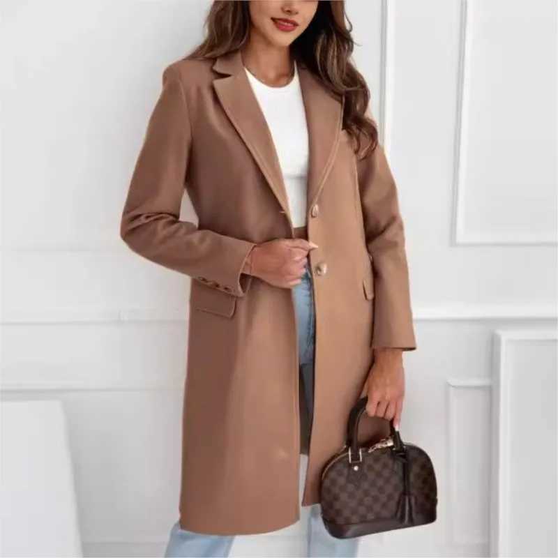 2024 Hot Style Autumn And Winter Simple Solid Color Mid-length Buttoned Woolen Coat For Elegant WomenX241009