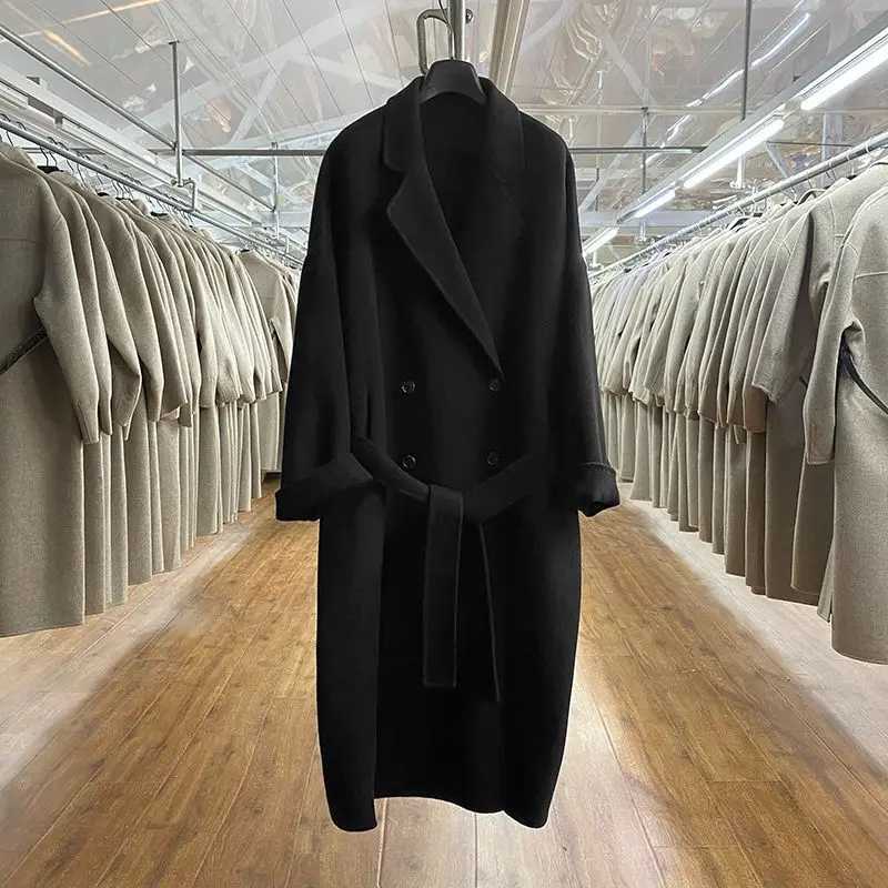 2023 Winter Korean Handmade Double Breasted Long 100% Wool Coat Women Casual Loose Lacing Belt Woolen Overcoat OversizedX241009