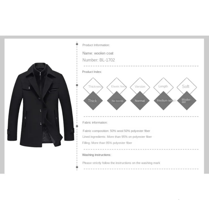 Mens Woolen Coat Autumn and Winter Jacket MidLength Casual Windbreaker Wool Men 241018