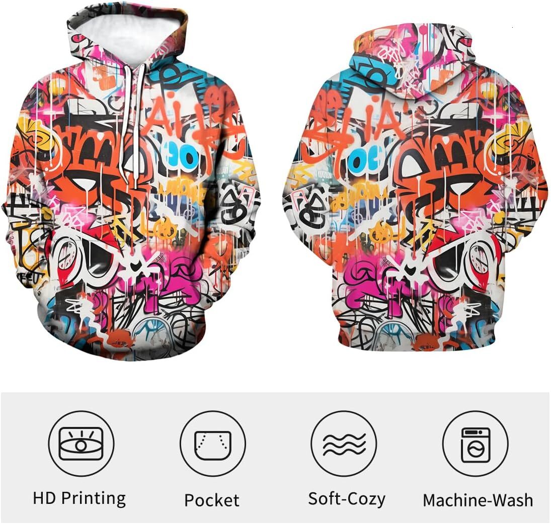 Hoodie for Mens Womens Mens Novelty Hip-hop Graffiti Cool Graphic Hoodies Hooded Trend and fashion Sweatshirts Pullover, Small, Purple Graphic Hoodies