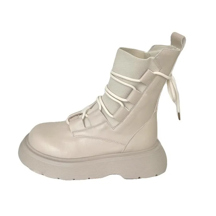Designer Boot White Womens Boots British-Style Martin - Thick Sole Elevating Lace-Up Ankle Women's Martin Boots