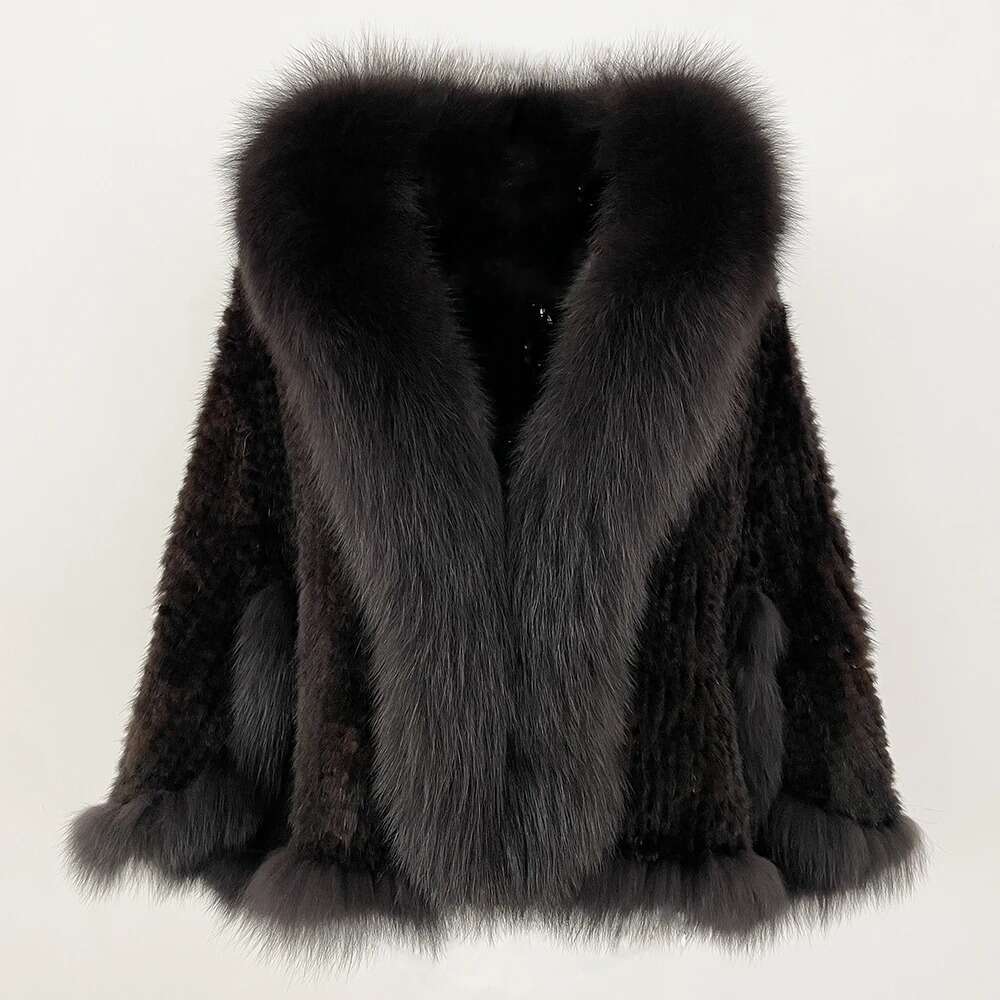 Real Coat Women Autumn Winter Shawl Fashion Knitted Genuine Mink Jacket Cape Scarf Natural Fox Fur Collar Cloak