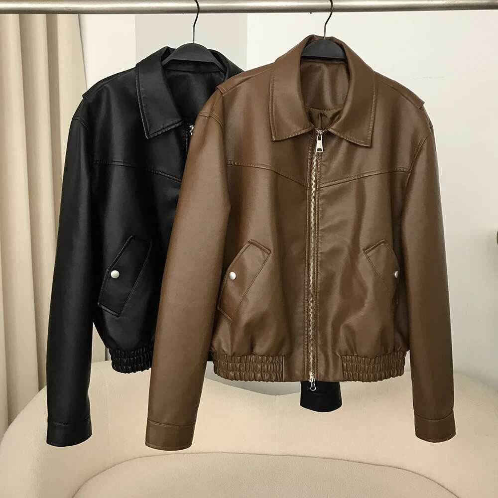 Coat Lady 2024 Short Motorcycle Faux Women Autumn American Vintage PU Leather Jacket High Street