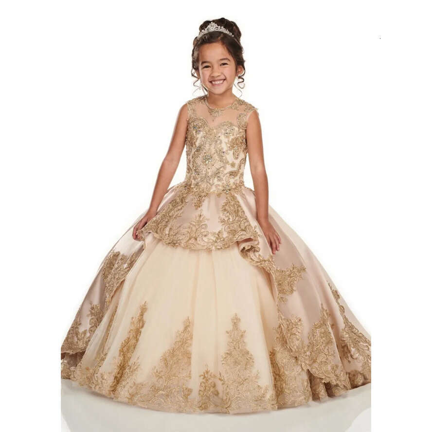 Girls Adorable Pageant Champagne 2020 New Beaded Crystals Appliqued Long Ruched Toddler Dress Corset Wer Girl Dresses Formal Wear es