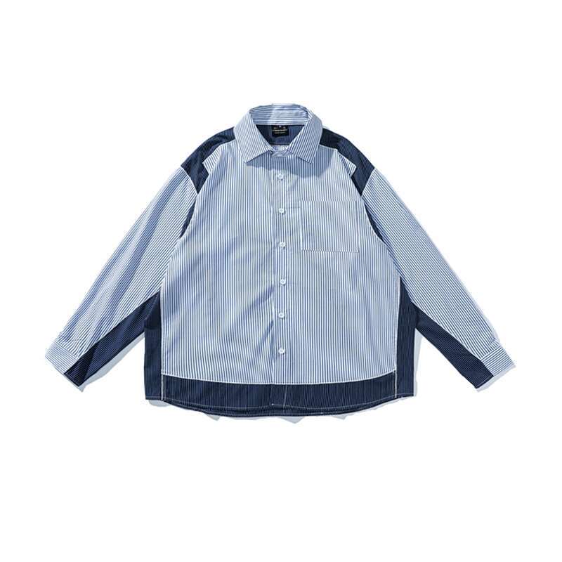 shanshi Men's shirts Spring and Autumn Tide Brand Striped Long Sleeve Men's Cityboy Pocket Loose Shirt Splicing Fake Two Piece Coat
