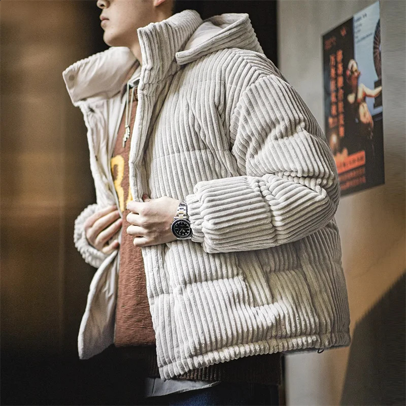 Maden Mens Corduroy Down Jacket Winter Thickened Warm Striped Hooded Coat Vintage Padded Jackets Removable Hood Black Clothing 241017