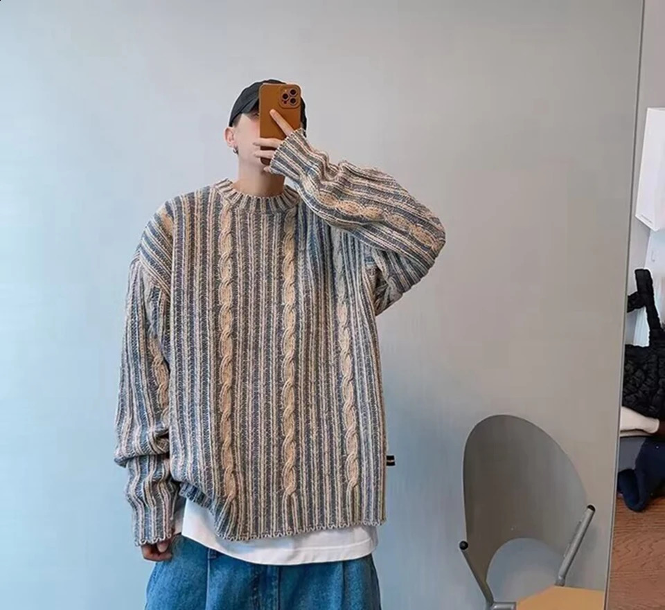 Y2K striped mens crochet sweater long sleeved knitted T-shirt Korean fashion streetwear pull-out patch staff knitted sweater 241018