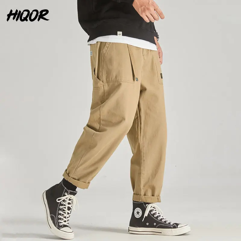 HIQOR Autumn Winter Mens Pant Cargo Pants Casual Multi Pocket Trouser Plus Size Fashion Belt n Baggy Joger Streetwear Male 241018