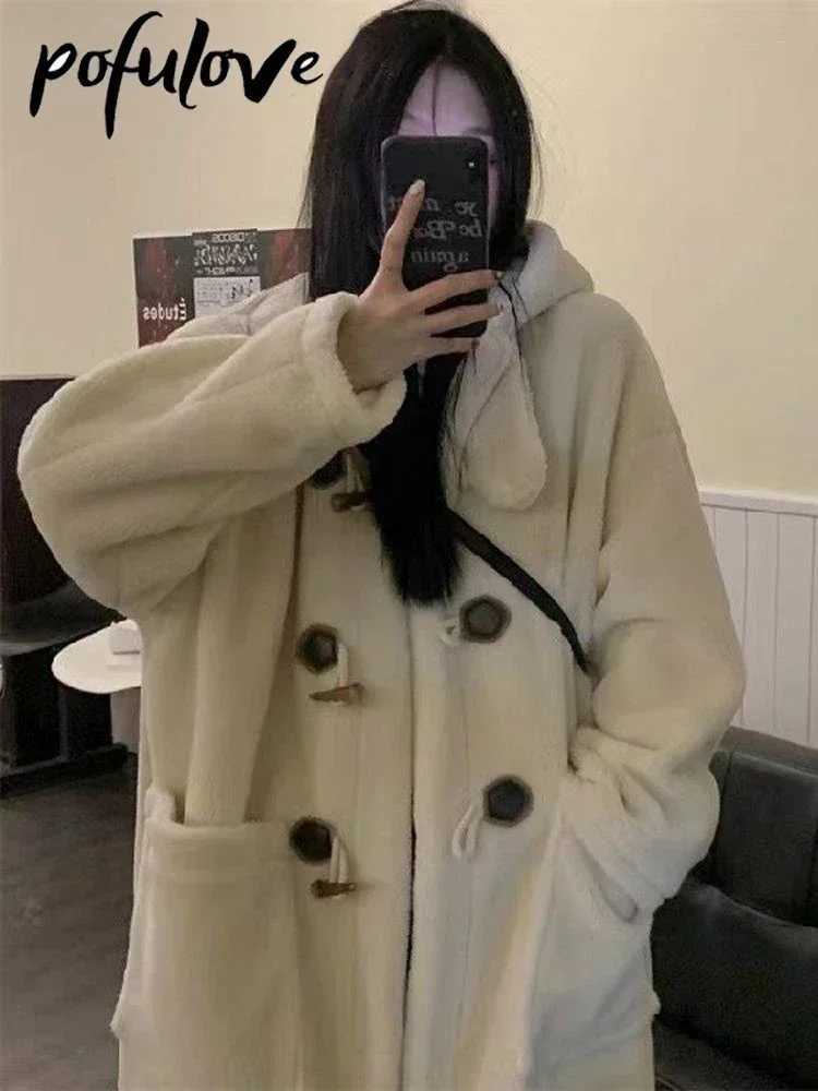 Lamb Wool Coats Woman Fleece Hoodies Jacket Cowhorn Button Loose Coat Winter Warm Female Mid Length Korean Thick OvercoatX241009