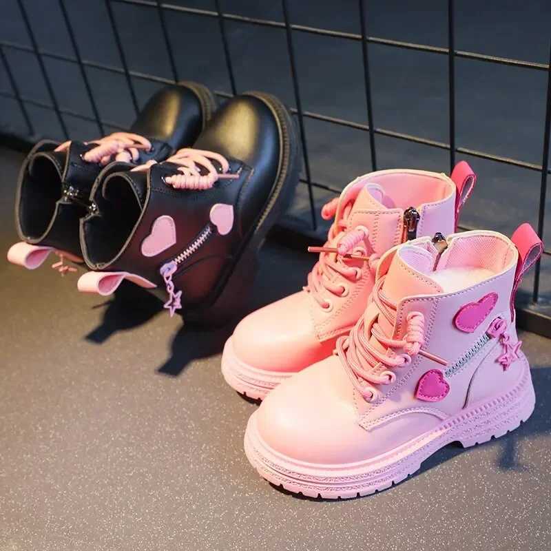 Boots Black/Girls Leather Boots Velvet Non Slip Low Cut Side Zipper Winter Outdoor Girls Fashion Single Boots H241018