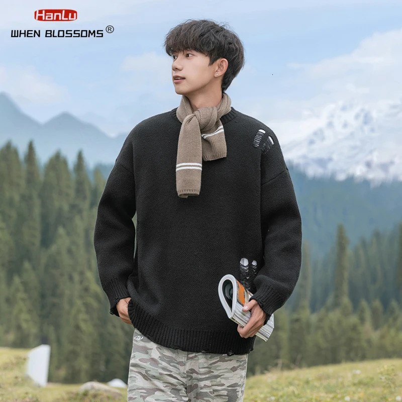 Vintage Loose Hole Breaking n Sweaters Solid Knitted Jumper Men Harajuku Hip Hop Oversized Pullover Black Sweater 241018