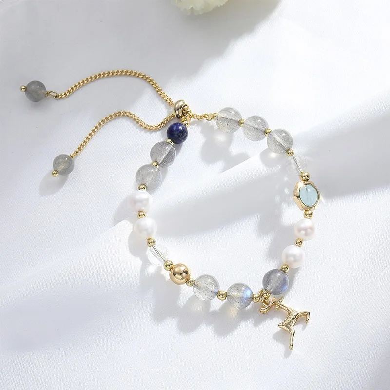 Minar Fashion Gold Copper Chain Transparent Moonstone Natural Stone Freshwater Pearl Bead Deer Charm Bracelet 241018