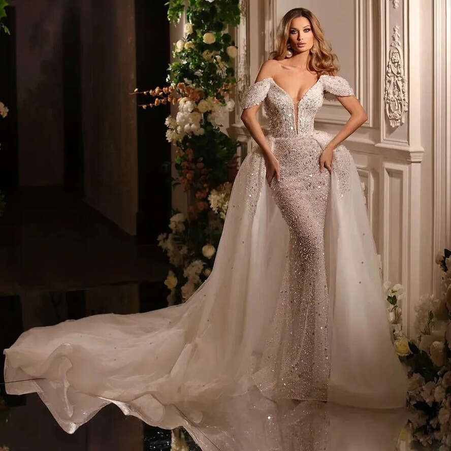 Gorgeous V Neck Off Mermaid The Wedding Dresses Shoulder Whole Body Sequins Backless Zipper Tulle Chapel Custom Made Plus Size Bridal Gown Vest De Nov