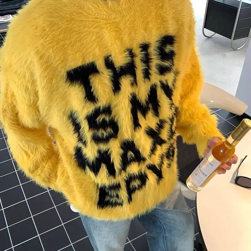 mink fur sweater men thick lazy high end feeling letter printed knitted sweaters jacket pullover clothing 241018