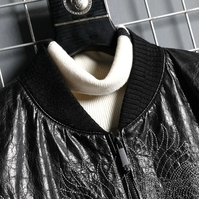 Retro Embroidery Genuine Leather Jacket Men Zipper Stand Collar Bomber Jackets Slim Fit ner Punk Cowhide Motorcycle Coat 241018