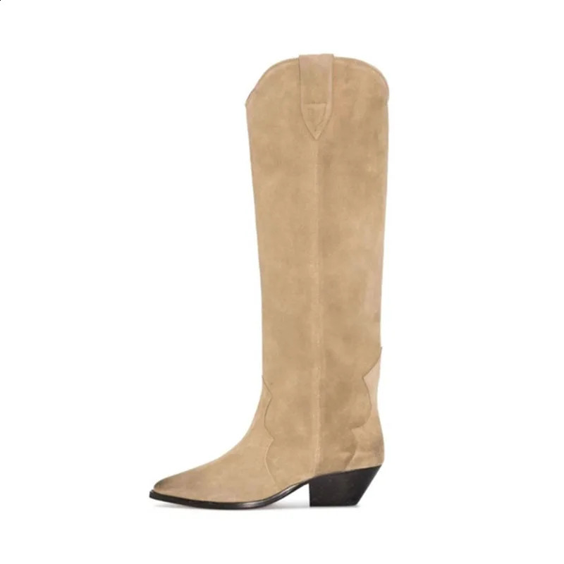 Arden Furtado cowboy women British style brown Western Boots chunky heels Pointed toe suede knee high boots 241031