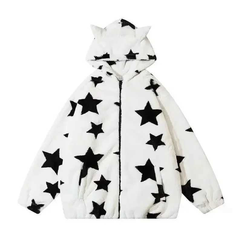 Harajuku Lamb Coat Jackets For Women New American Demon Star Print Velvet Thickened Suede Hoodies Goth Y2k Women ClothingX241018