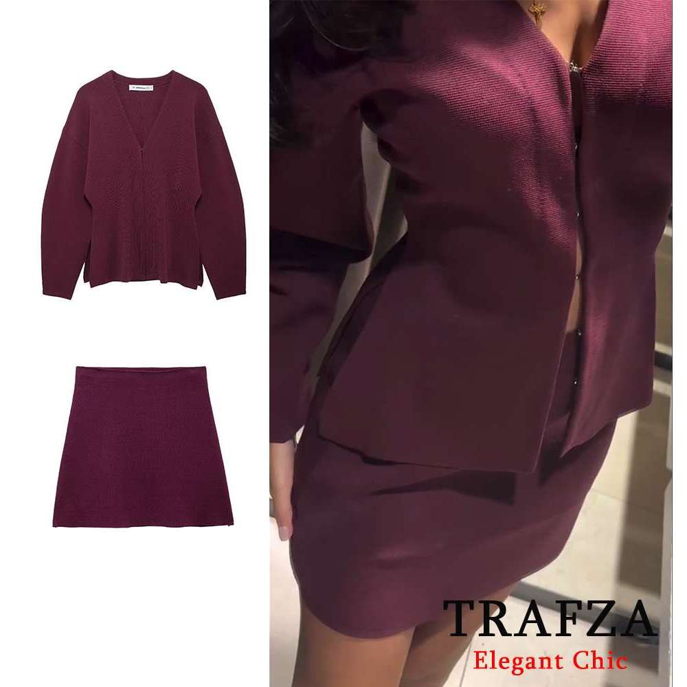 Trafza-Women Fashion Loose Knitted Top Coat And A-E Skirt New 2024 Spring Autumn Fall Bury Modern Set