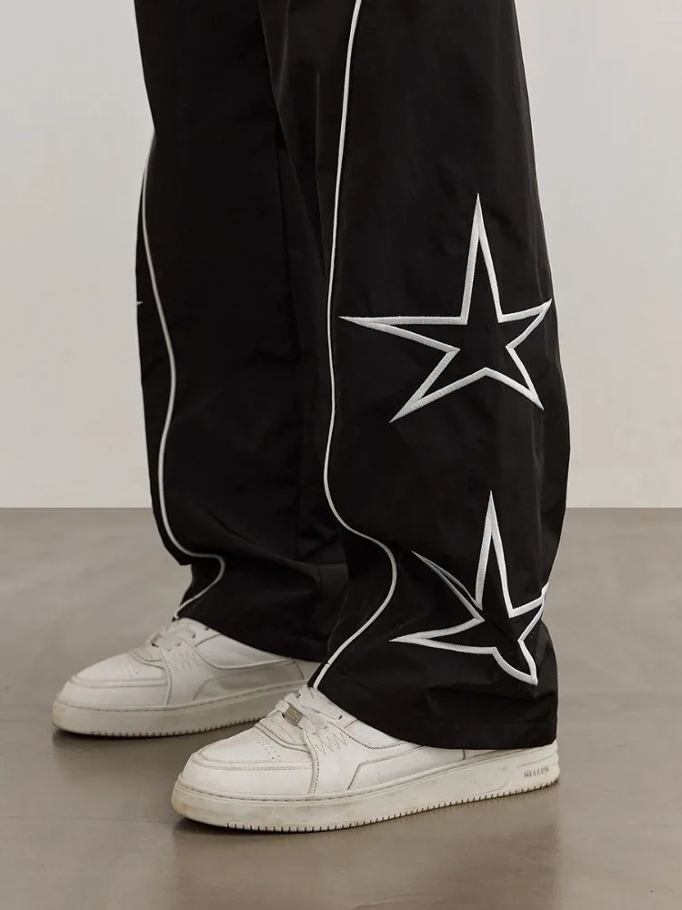 HOUZHOU Y2K Star Parachute Pants Men Streetwear Sports Wide Leg Trousers Male Workwear Hip Hop Harajuku Sweatpants Embroidery 241018