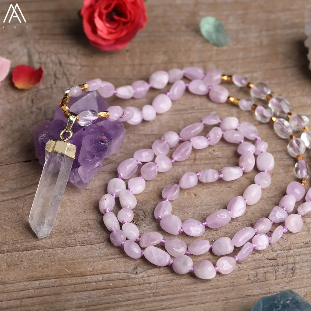 Natural white quartz free-form point pendant Kunzite crystal irregular chip bead knot Mala handmade necklace jewelry 241018
