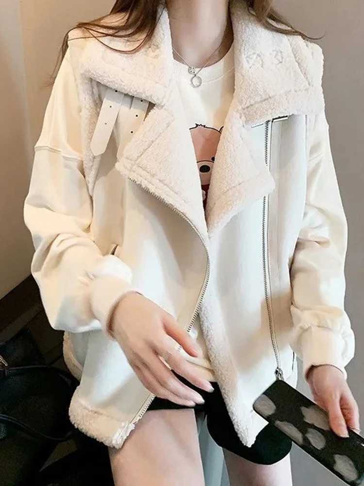BZVW Leather And Fur Integrated Vest For Women Lapel Zipper Design Contrast Color Lamb Woolen Coats Winter 2024 New 25A8897X241018