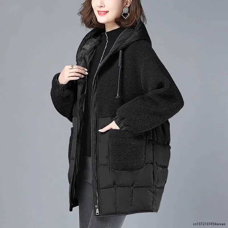 Women Padded Jackets Autumn Winter Hooded Outerwear 2023 Loose S-4XL Down Cotton Jacket Mid-Length Lamb Wool Thick Coat FemaleX241018