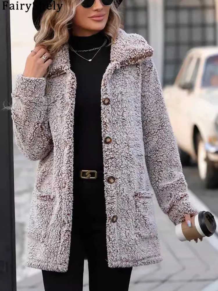 FairyShely 2024 Winter Women Single Breasted Jacket Thick Plush Hooded Warm Long Sleeve Long Coat Soft Solid Cardigan Lady CoatX241018