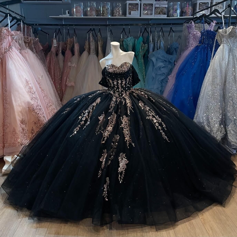 Black Gillter Princess Quinceanera Dresses Gold Sequin Applique Lace Crystal Tull Corset Lace-up vestidos de 15 anos Sweet 16 Dress