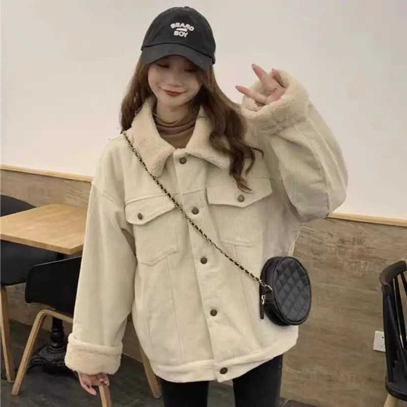 Corduroy jacket for women autumn and winter new Korean style loose lamb wool plus velvet student corduroy top trendy coatX241018