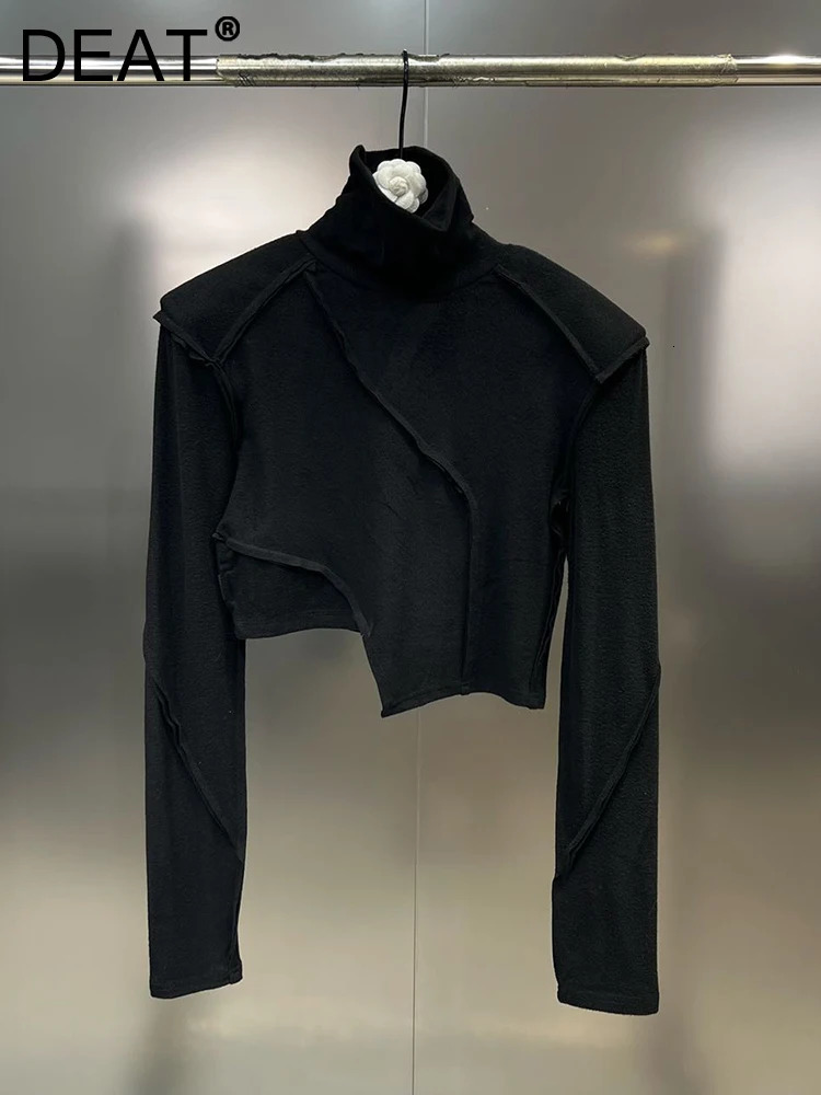 DEAT Fashion Black Womens Shoulder Pad Patchwork Tshirt Autumn Turtleneck Long Sleeves Pullover Top Female 11XX6290 241018
