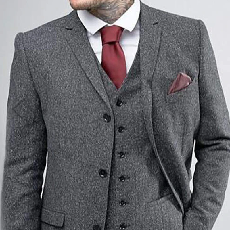 Woolen Tweed Men Suits For Winter Wedding Custom Casual Groom Tuxedos Male Fashion Clothes 3 Piece Jacket With Vest Pants