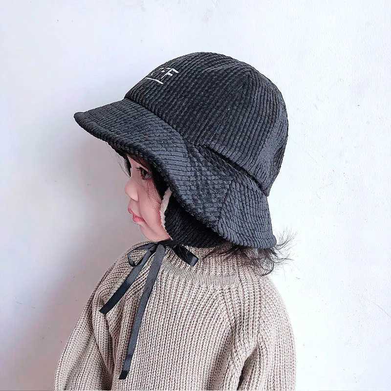 Winter Corduroy Baby Bucket Hat Thicken Plush Ear Protection Fisherman Cap for Toddler Korean Letter Kids Earmuff Hats LX241018