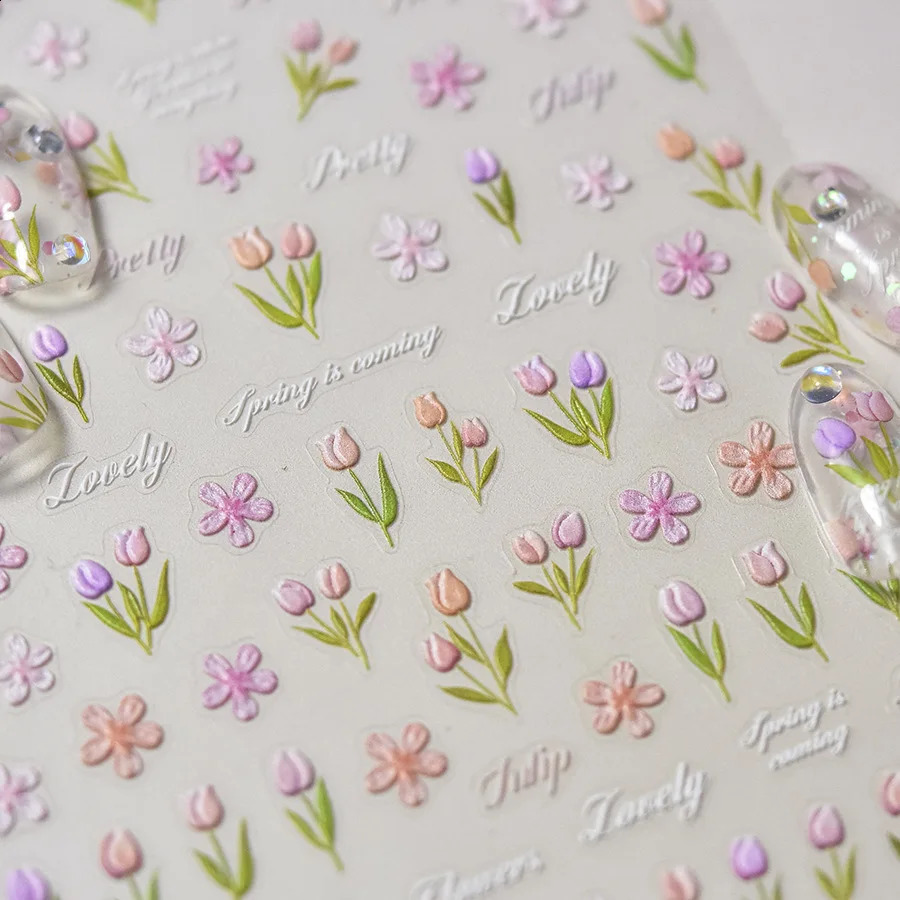1PCS Pink Tulip Flower 5D Nail Stickers Cute Jelly Embossed Relief Mini Flower Nail Art Stickers Nail Decorations Supplies Parts 241017
